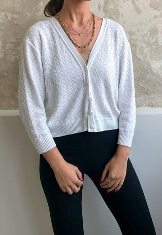VINTAGE RETRO WHITE KNITTED CROP CARDIGAN MEDIUM
