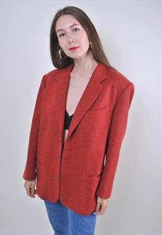 80S VINTAGE RED WOOL OVERSIZE BLAZER, SIZE L
