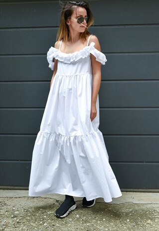 XXL DRESS/SUMMER LONG DRESS/WHITE KAFTAN/ASYMMETRICAL/F2158