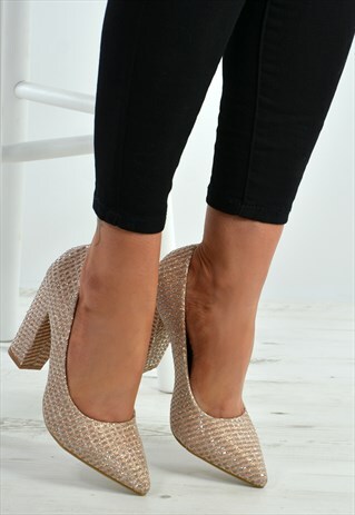 GOLD GLITTER SPARKLE SLIP ON BLOCK HEELS COURT PUMPS