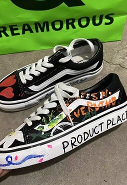 Customized punk trainers peace love sneakers in black