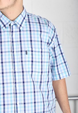 Vintage Champion Shirt in Blue Check Short Sleeve Top XL