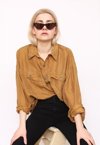 VINTAGE 90S MUSTARD SILK OVERSIZED BLOUSE SHIRT