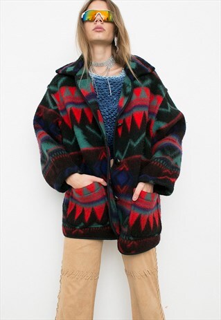VINTAGE FLEECE CARDIGAN DARK GEOMETRICAL PATTERN JACKET