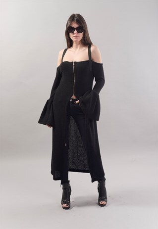 BLACK LOOSE CARDIGAN PONCHO COAT TRENCH COAT JACKET F1806
