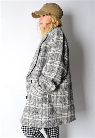 VINTAGE 70S GREY CHECK WOOL BLEND COAT
