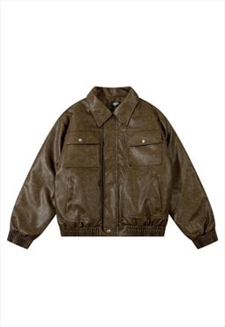 Faux leather aviator jacket vintage wash PU varsity in brown