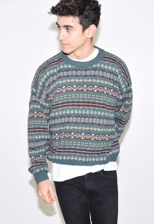 VINTAGE 90S GREEN PATTERNED KNIT JUMPER