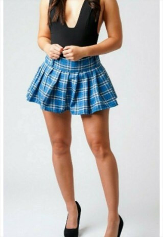 BLUE TARTAN CHECK PLEATED HIGH WAIST PLAID MINI CASUAL SKIRT