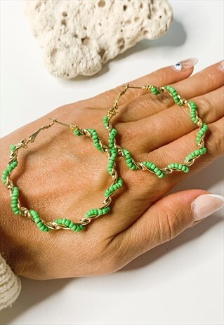 GOLD & GREEN WOVEN HOOP EARRINGS