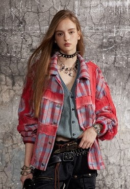 Reworked denim jacket vintage check punk jean bomber in red