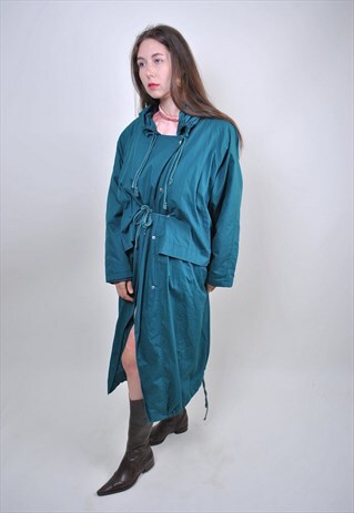 80S VINTAGE GREEN LONG OVERSIZE PARKA JACKET, SIZE XL