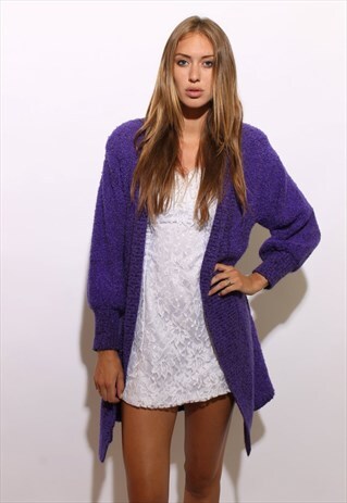 VINTAGE 1980'S 80'S PURPLE NUBBY SWEATER DUSTER CARDIGAN M-L