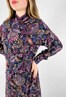 70's Vintage Black Floral Long Sleeve Ladies Midi Dress 