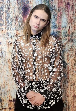 Transparent shirt daisy patterned seethrough blouse mesh top
