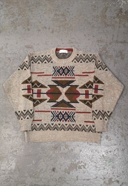 Vintage Abstract Knitted Jumper Beige Patterned Grandad