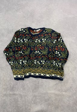 Vintage Knitted Jumper Flower Patterned Knit Sweater