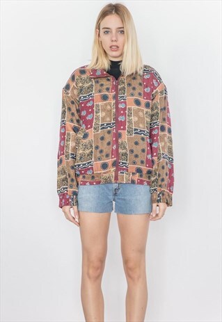 VINTAGE 80S EARTHY COLOR PRINT BOMBER JACKET