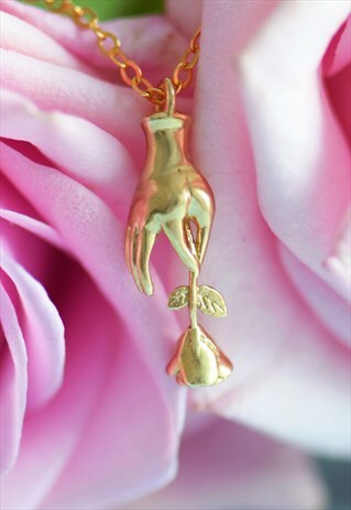 GOLD DELICATE NECKLACE WITH HAND HOLDING A ROSE HANDMADE