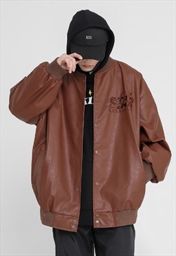 Faux leather baseball varsity jacket MA-1 bomber in brown