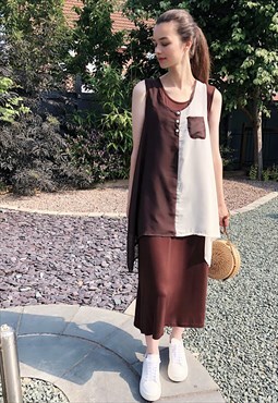 Chiffon Long Top Plain Cotton Maxi Dress in brown