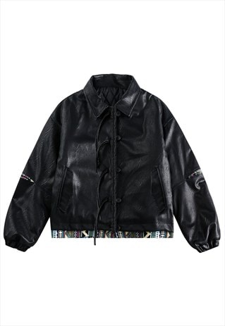  FAUX LEATHER AVIATOR JACKET ETHNIC PATTERN PU BOMBER BLACK