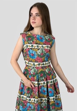 50's Vintage Floral Sleeveless Cotton Ladies Midi Dress