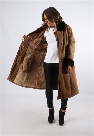 SHEEPSKIN SUEDE LEATHER SHEARLING LONG COAT UK 16 (LH4H)