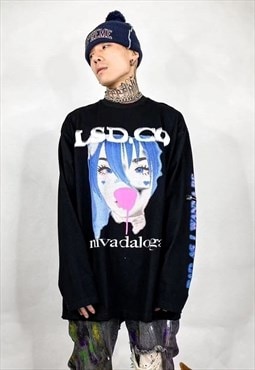 Graffiti slogan sweat Kawaii manga print long sleeve t-shirt