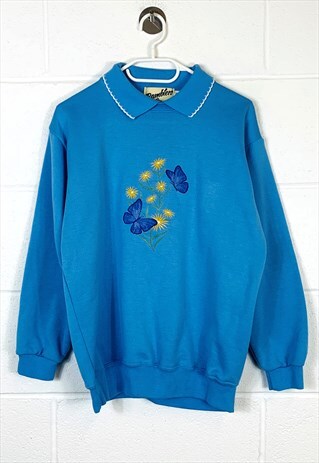 VINTAGE 90S SWEATSHIRT BLUE CUTE EMBROIDERED FLOWERS