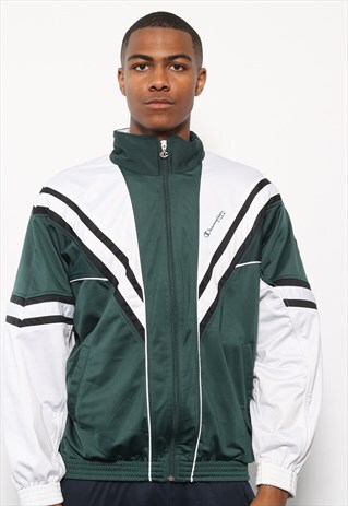 VINTAGE CHAMPION LOGO TRACK JACKET GREEN AND WHITE