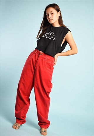 VINTAGE 90S RETRO HIGHWAISTED DENIM MOM JEANS IN RED