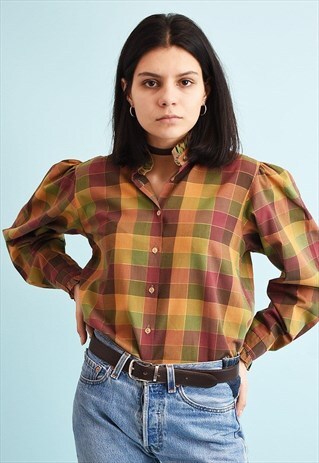 VINTAGE 80'S RETRO CHECKED PRINT PUFF-SLEEVE SHIRT BLOUSE