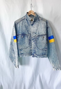 Hand Painted Ukrainian Flag Vintage Jean Jacket - Medium