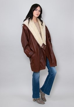 80's Vintage Ladies Coat Brown Leather Shearling Jacket