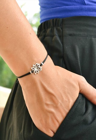 SILVER LOTUS BRACELET WITH A BLACK CORD, ADJUSTABLE KNOT