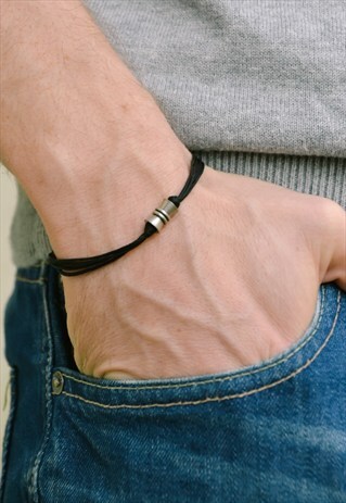 BRACELET FOR MEN, SILVER TUBE BLACK CORD, MENS BRACELET