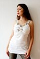 RUCHED Y2K TOP WHITE VINTAGE CAMI TOP BEADED BOHO TOP