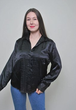 Textured black shirt, vintage blouse with long sleeve 