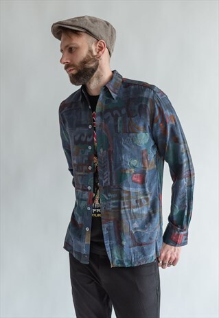 VINTAGE 80S BLUE PATTERN FUNKY SHIRT