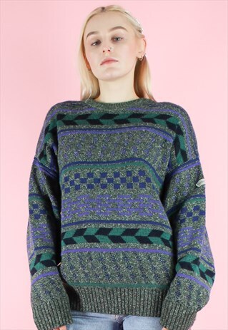 VINTAGE ADIDAS JUMPER 90S GREY ABSTRACT PATTERN KNIT