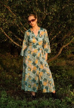 Vintage 70s Floral Pattern V-Neck Midi Green Wrap Dress S