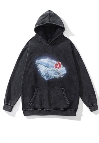 DIAMOND HOODIE GEM STONE TOP RETRO GRUNGE PULLOVER ACID GREY