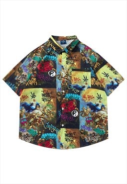 Saint print shirt short sleeve graffiti blouse religion top