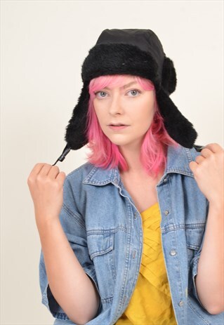 VINTAGE 90'S FAUX-FUR-LINED TRAPPER HAT BLACK
