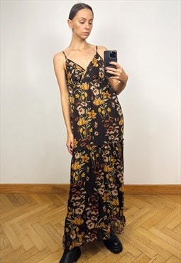 Vintage Floral Chiffon Sleeveless Maxi Dress