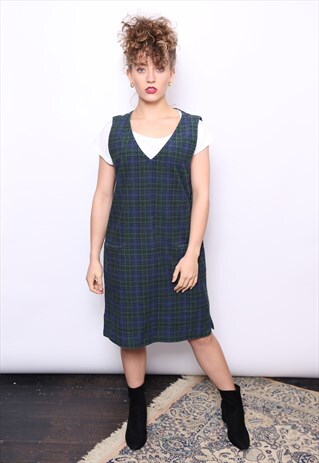 VINTAGE 90S GREEN TARTAN CORD CORDUROY PINAFORE DRESS
