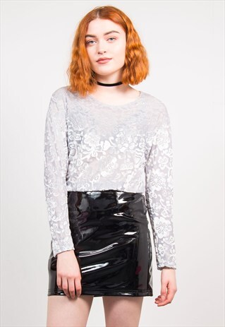 VINTAGE 90'S SILVER VELVET FLORAL PATTERN TOP
