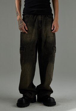 Cargo pocket jeans utility wide denim pants in bleached grey