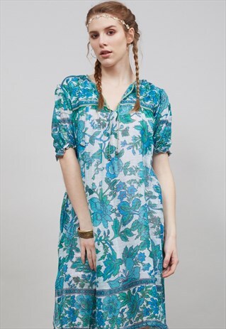 VINTAGE 70'S FESTIVAL GREEN FLORAL INDIAN BOHO DRESS